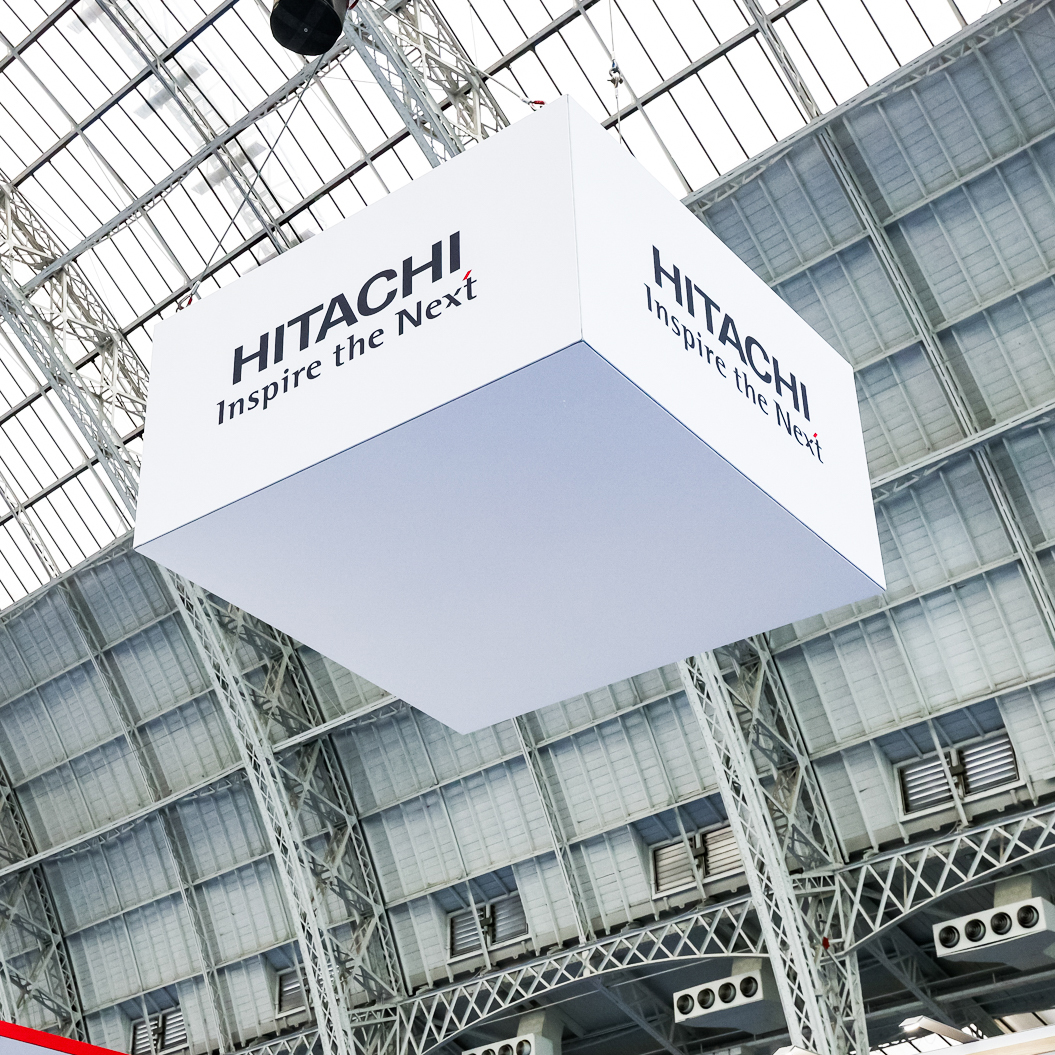 Hitachi exhibition stand at Railex. Detail shot of hanging banner